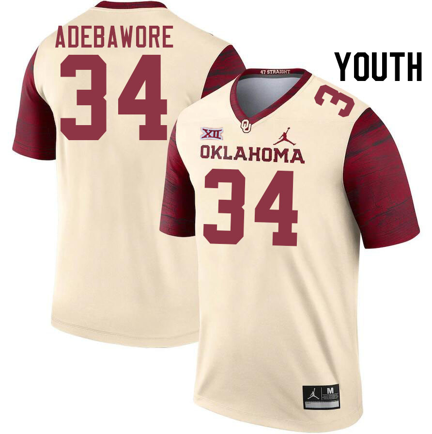 Youth #34 Adepoju Adebawore Oklahoma Sooners College Football Jerseys Stitched-Cream - Click Image to Close